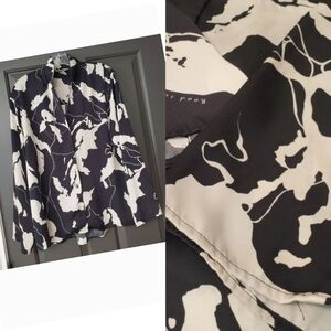 H&M Womens Blouse Size Medium Black Ivory Map Print Relaxed Oversize Boho Top